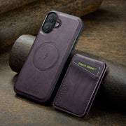 For iPhone 16 Plus Fierre Shann Cowhide Vertical Flip Magnetic Card Holder Phone Case(Purple)