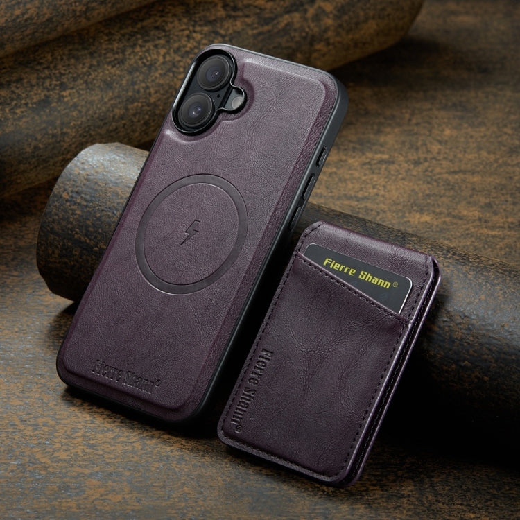 For iPhone 16 Plus Fierre Shann Cowhide Vertical Flip Magnetic Card Holder Phone Case(Purple)