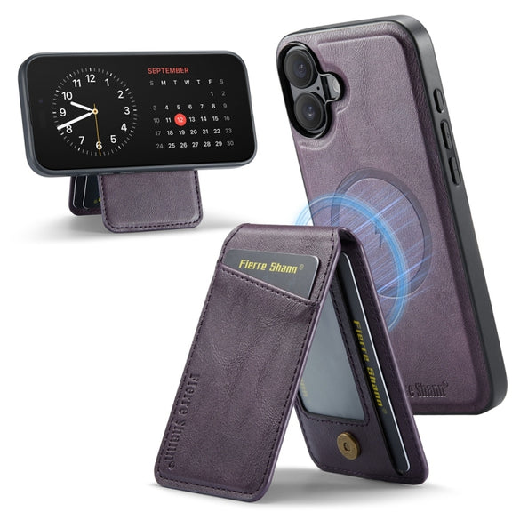 For iPhone 16 Plus Fierre Shann Cowhide Vertical Flip Magnetic Card Holder Phone Case(Purple)
