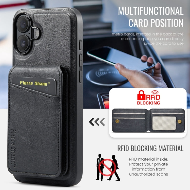 For iPhone 16 Fierre Shann Cowhide Vertical Flip Magnetic Card Holder Phone Case(Black)