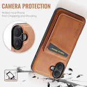 For iPhone 16 Fierre Shann Cowhide Vertical Flip Magnetic Card Holder Phone Case(Brown)
