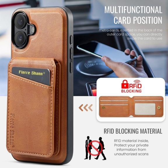For iPhone 16 Fierre Shann Cowhide Vertical Flip Magnetic Card Holder Phone Case(Brown)