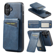 For iPhone 16 Fierre Shann Cowhide Vertical Flip Magnetic Card Holder Phone Case(Blue)