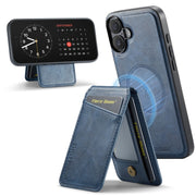 For iPhone 16 Fierre Shann Cowhide Vertical Flip Magnetic Card Holder Phone Case(Blue)