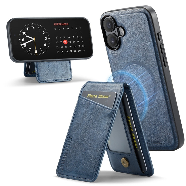 For iPhone 16 Fierre Shann Cowhide Vertical Flip Magnetic Card Holder Phone Case(Blue)