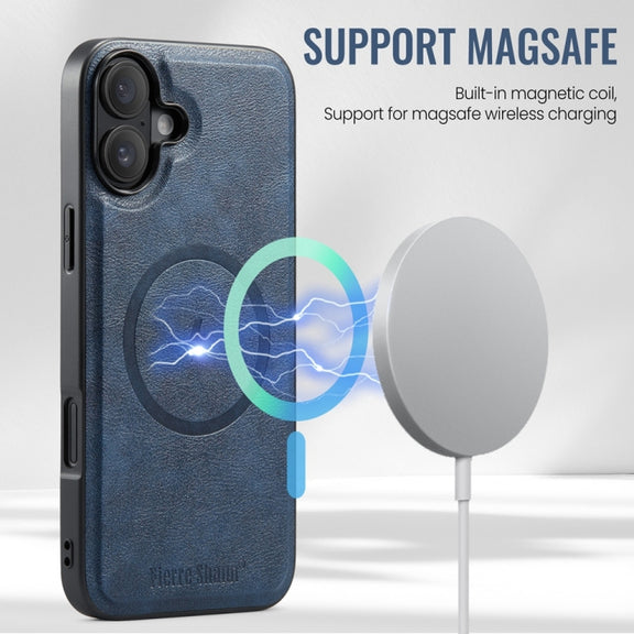 For iPhone 16 Fierre Shann Cowhide Vertical Flip Magnetic Card Holder Phone Case(Blue)