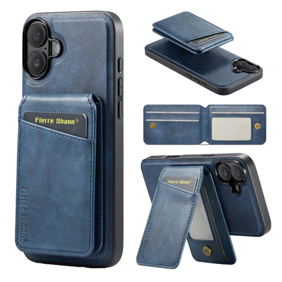 For iPhone 16 Fierre Shann Cowhide Vertical Flip Magnetic Card Holder Phone Case(Blue)