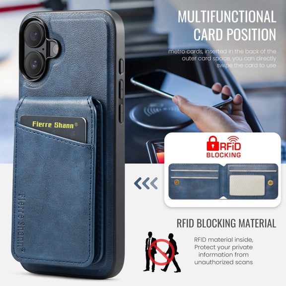 For iPhone 16 Fierre Shann Cowhide Vertical Flip Magnetic Card Holder Phone Case(Blue)