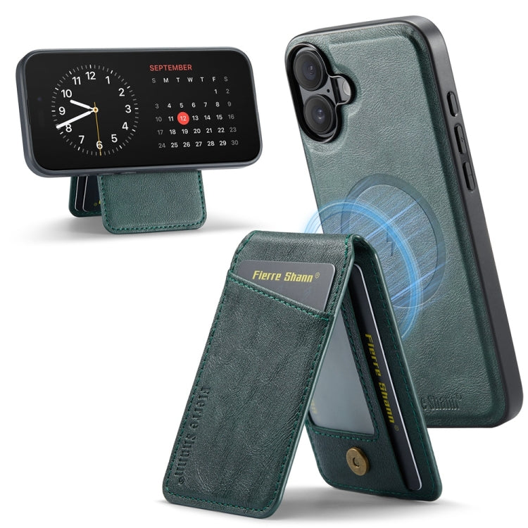 For iPhone 16 Fierre Shann Cowhide Vertical Flip Magnetic Card Holder Phone Case(Green)
