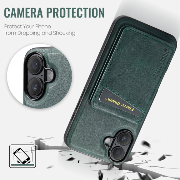 For iPhone 16 Fierre Shann Cowhide Vertical Flip Magnetic Card Holder Phone Case(Green)