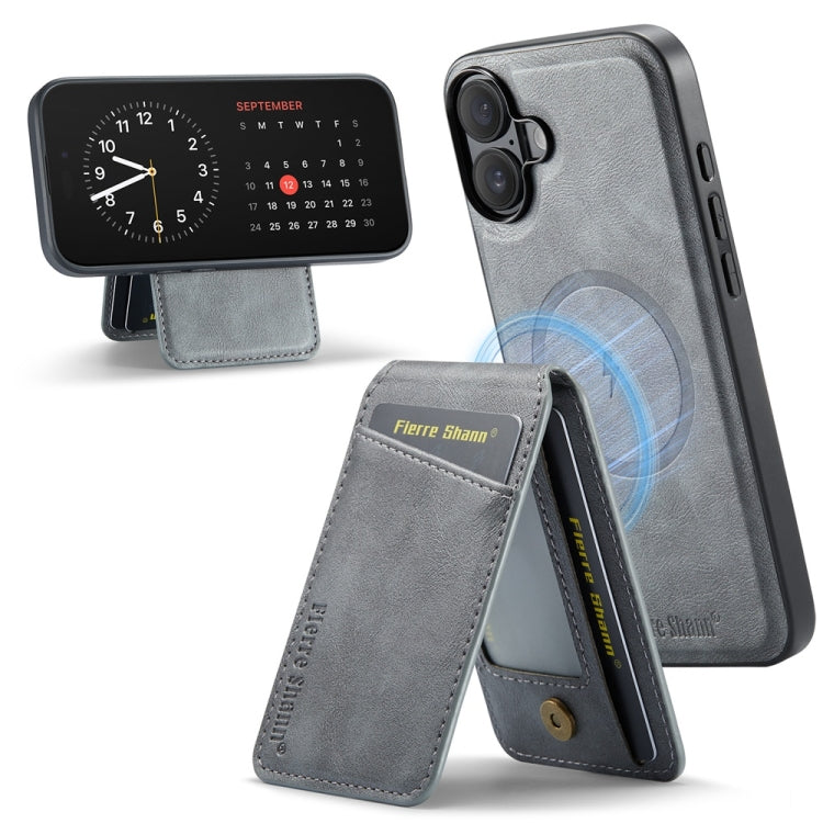 For iPhone 16 Fierre Shann Cowhide Vertical Flip Magnetic Card Holder Phone Case(Grey)