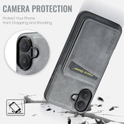 For iPhone 16 Fierre Shann Cowhide Vertical Flip Magnetic Card Holder Phone Case(Grey)