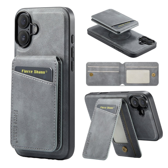 For iPhone 16 Fierre Shann Cowhide Vertical Flip Magnetic Card Holder Phone Case(Grey)