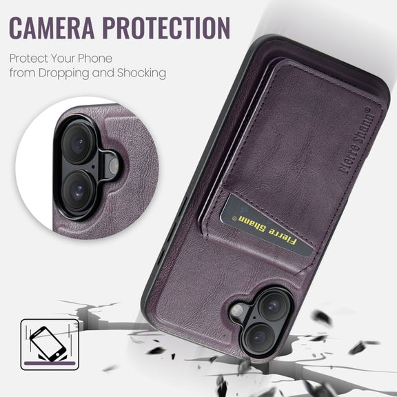 For iPhone 16 Fierre Shann Cowhide Vertical Flip Magnetic Card Holder Phone Case(Purple)