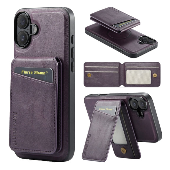 For iPhone 16 Fierre Shann Cowhide Vertical Flip Magnetic Card Holder Phone Case(Purple)