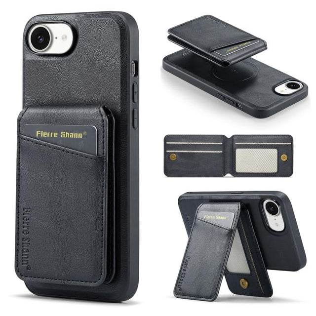 For iPhone 16e Fierre Shann Cowhide Vertical Flip Magnetic Card Holder Phone Case(Black)