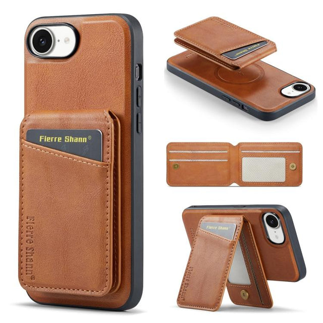 For iPhone 16e Fierre Shann Cowhide Vertical Flip Magnetic Card Holder Phone Case(Brown)