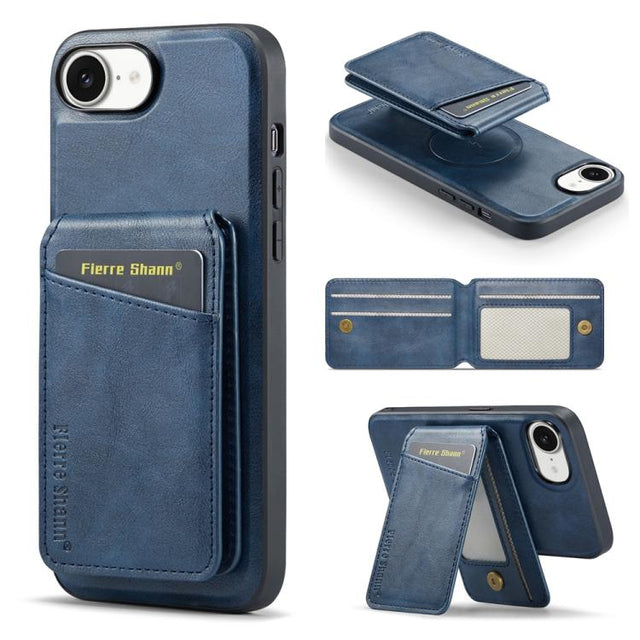 For iPhone 16e Fierre Shann Cowhide Vertical Flip Magnetic Card Holder Phone Case(Blue)