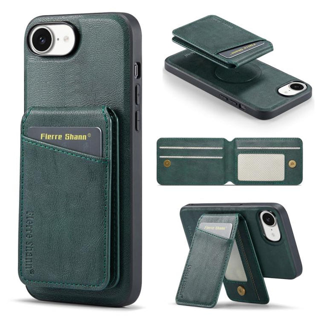 For iPhone 16e Fierre Shann Cowhide Vertical Flip Magnetic Card Holder Phone Case(Green)