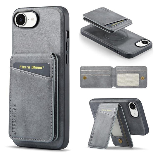For iPhone 16e Fierre Shann Cowhide Vertical Flip Magnetic Card Holder Phone Case(Grey) - free shipping - PMC Jewellery - Order now!
