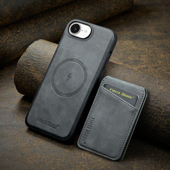 For iPhone 16e Fierre Shann Cowhide Vertical Flip Magnetic Card Holder Phone Case(Grey)