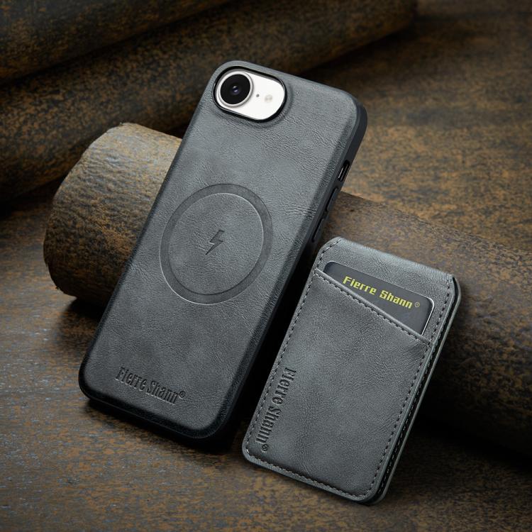 For iPhone 16e Fierre Shann Cowhide Vertical Flip Magnetic Card Holder Phone Case(Grey)
