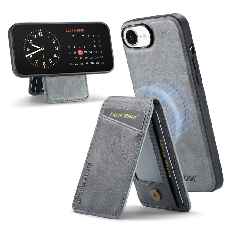 For iPhone 16e Fierre Shann Cowhide Vertical Flip Magnetic Card Holder Phone Case(Grey)
