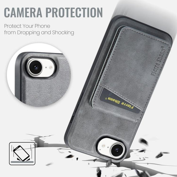 For iPhone 16e Fierre Shann Cowhide Vertical Flip Magnetic Card Holder Phone Case(Grey)
