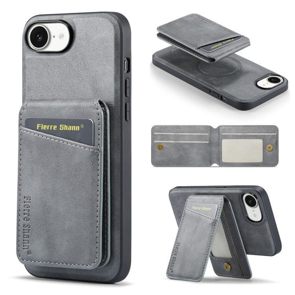 For iPhone 16e Fierre Shann Cowhide Vertical Flip Magnetic Card Holder Phone Case(Grey)