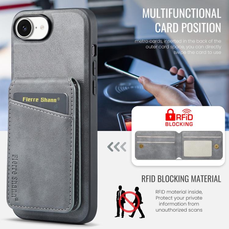 For iPhone 16e Fierre Shann Cowhide Vertical Flip Magnetic Card Holder Phone Case(Grey)