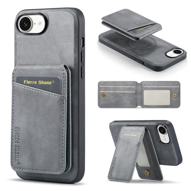 For iPhone 16e Fierre Shann Cowhide Vertical Flip Magnetic Card Holder Phone Case(Grey)