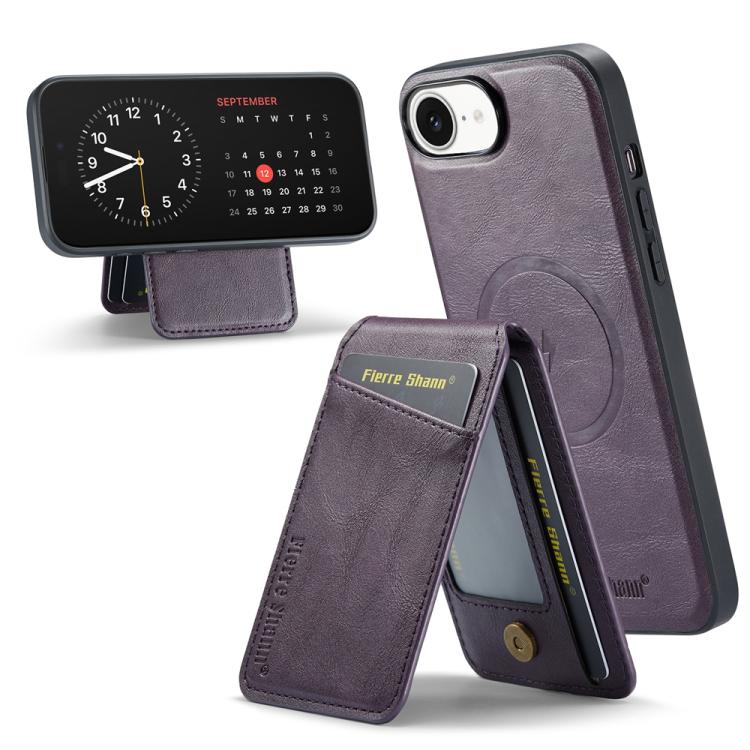 For iPhone 16e Fierre Shann Cowhide Vertical Flip Magnetic Card Holder Phone Case(Purple)