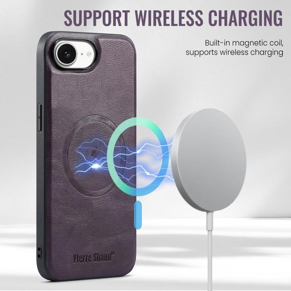 For iPhone 16e Fierre Shann Cowhide Vertical Flip Magnetic Card Holder Phone Case(Purple)