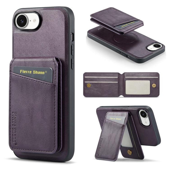 For iPhone 16e Fierre Shann Cowhide Vertical Flip Magnetic Card Holder Phone Case(Purple)