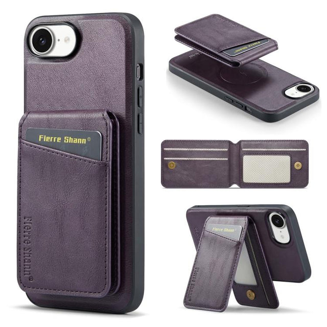 For iPhone 16e Fierre Shann Cowhide Vertical Flip Magnetic Card Holder Phone Case(Purple)