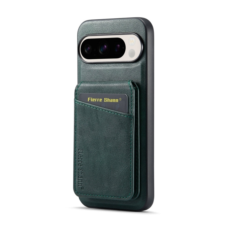For Google Pixel 9 Pro Fierre Shann Cowhide Vertical Flip Magnetic Card Holder Phone Case(Green)