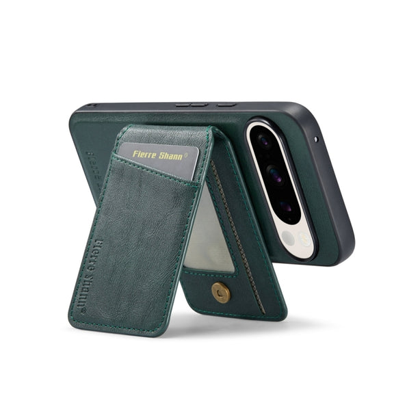 For Google Pixel 9 Pro Fierre Shann Cowhide Vertical Flip Magnetic Card Holder Phone Case(Green)