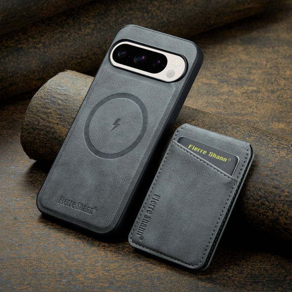 For Google Pixel 9 Pro Fierre Shann Cowhide Vertical Flip Magnetic Card Holder Phone Case(Grey)