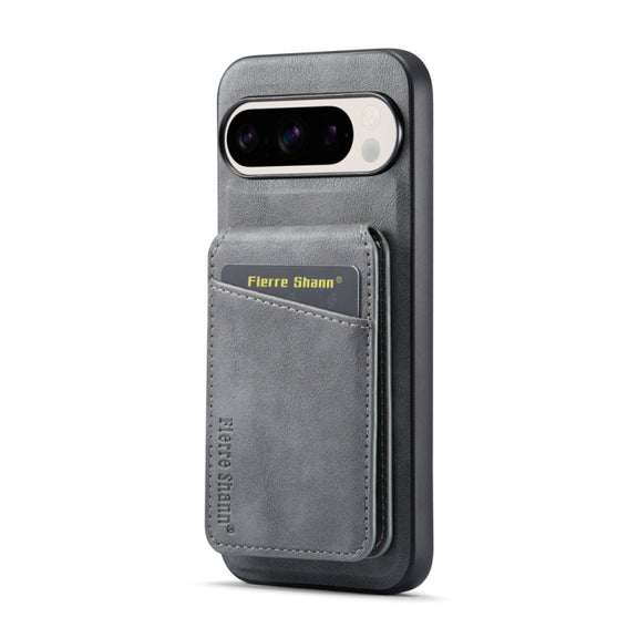 For Google Pixel 9 Pro Fierre Shann Cowhide Vertical Flip Magnetic Card Holder Phone Case(Grey)