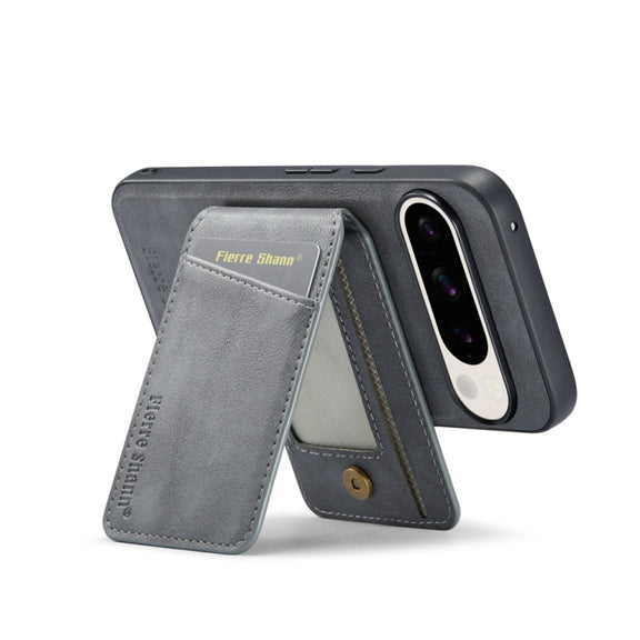 For Google Pixel 9 Pro Fierre Shann Cowhide Vertical Flip Magnetic Card Holder Phone Case(Grey)