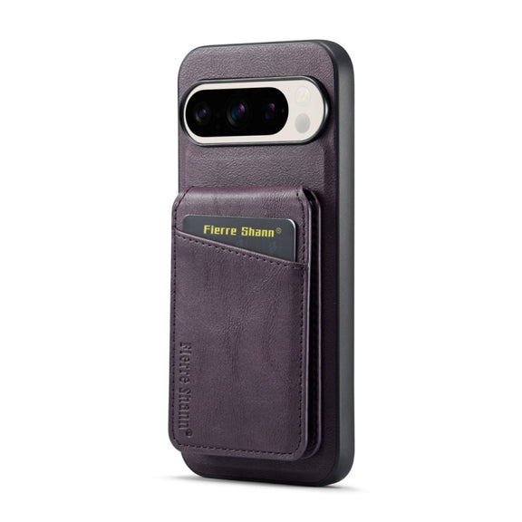 For Google Pixel 9 Pro Fierre Shann Cowhide Vertical Flip Magnetic Card Holder Phone Case(Purple)