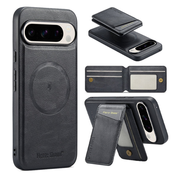 For Google Pixel 9 Fierre Shann Cowhide Vertical Flip Magnetic Card Holder Phone Case(Black)