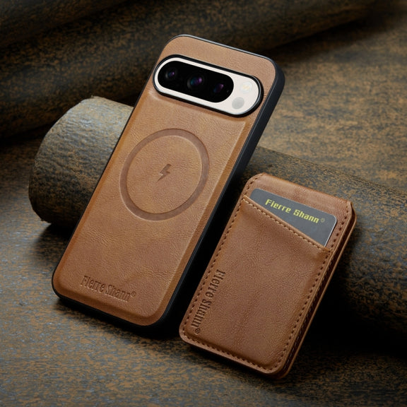 For Google Pixel 9 Fierre Shann Cowhide Vertical Flip Magnetic Card Holder Phone Case(Brown)