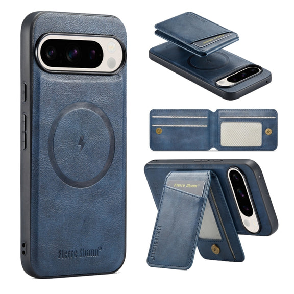 For Google Pixel 9 Fierre Shann Cowhide Vertical Flip Magnetic Card Holder Phone Case(Blue)