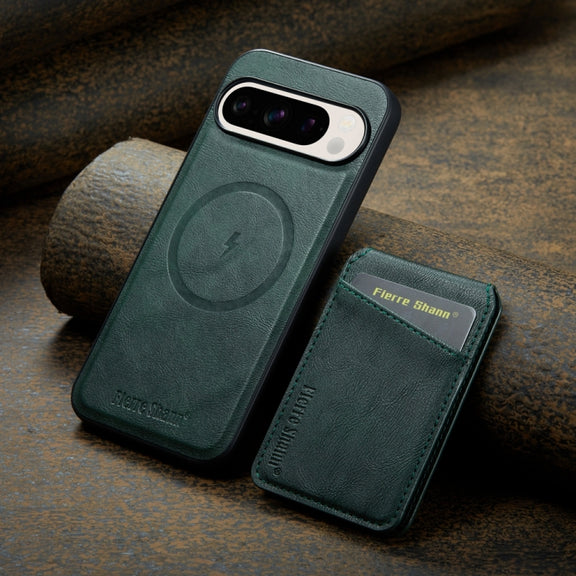 For Google Pixel 9 Fierre Shann Cowhide Vertical Flip Magnetic Card Holder Phone Case(Green)
