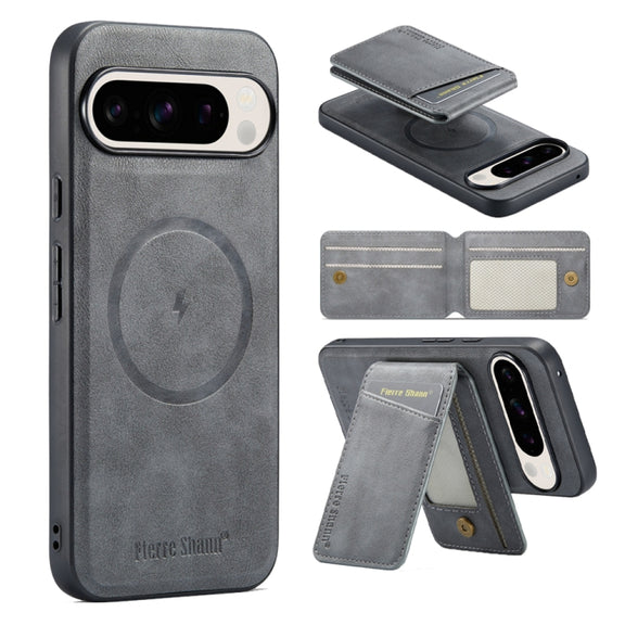 For Google Pixel 9 Fierre Shann Cowhide Vertical Flip Magnetic Card Holder Phone Case(Grey)