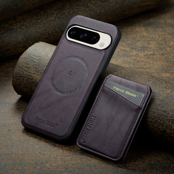 For Google Pixel 9 Fierre Shann Cowhide Vertical Flip Magnetic Card Holder Phone Case(Purple)