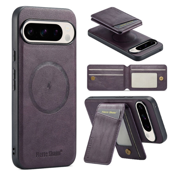 For Google Pixel 9 Fierre Shann Cowhide Vertical Flip Magnetic Card Holder Phone Case(Purple)