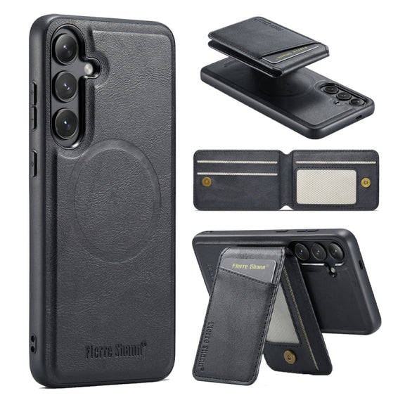 For Samsung Galaxy S24+ 5G Fierre Shann Cowhide Vertical Flip Magnetic Card Holder Phone Case(Black)