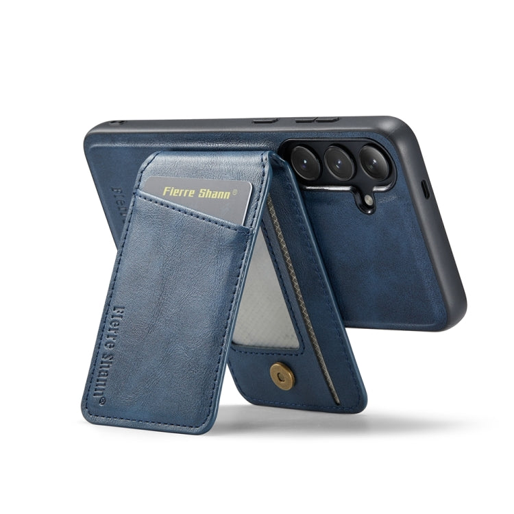 For Samsung Galaxy S24+ 5G Fierre Shann Cowhide Vertical Flip Magnetic Card Holder Phone Case(Blue)